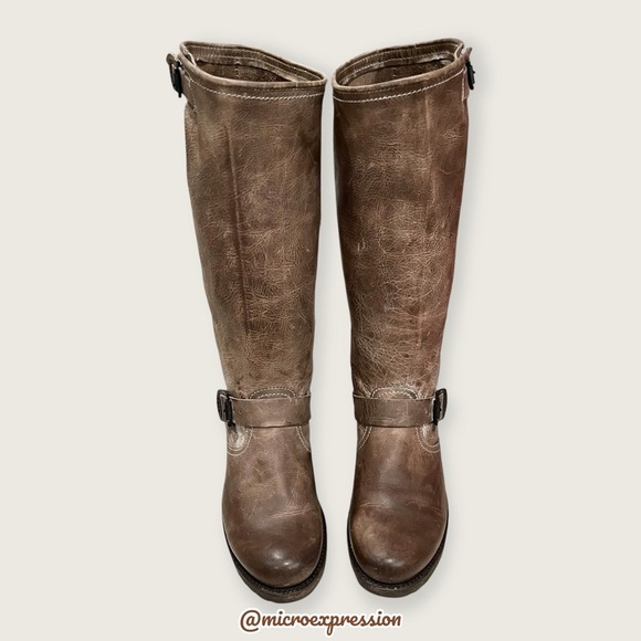 $399 Frye Veronica Slouch Tan Brown Tan Leather Engineer Moto Tall Buckle Boot - Picture 11 of 16